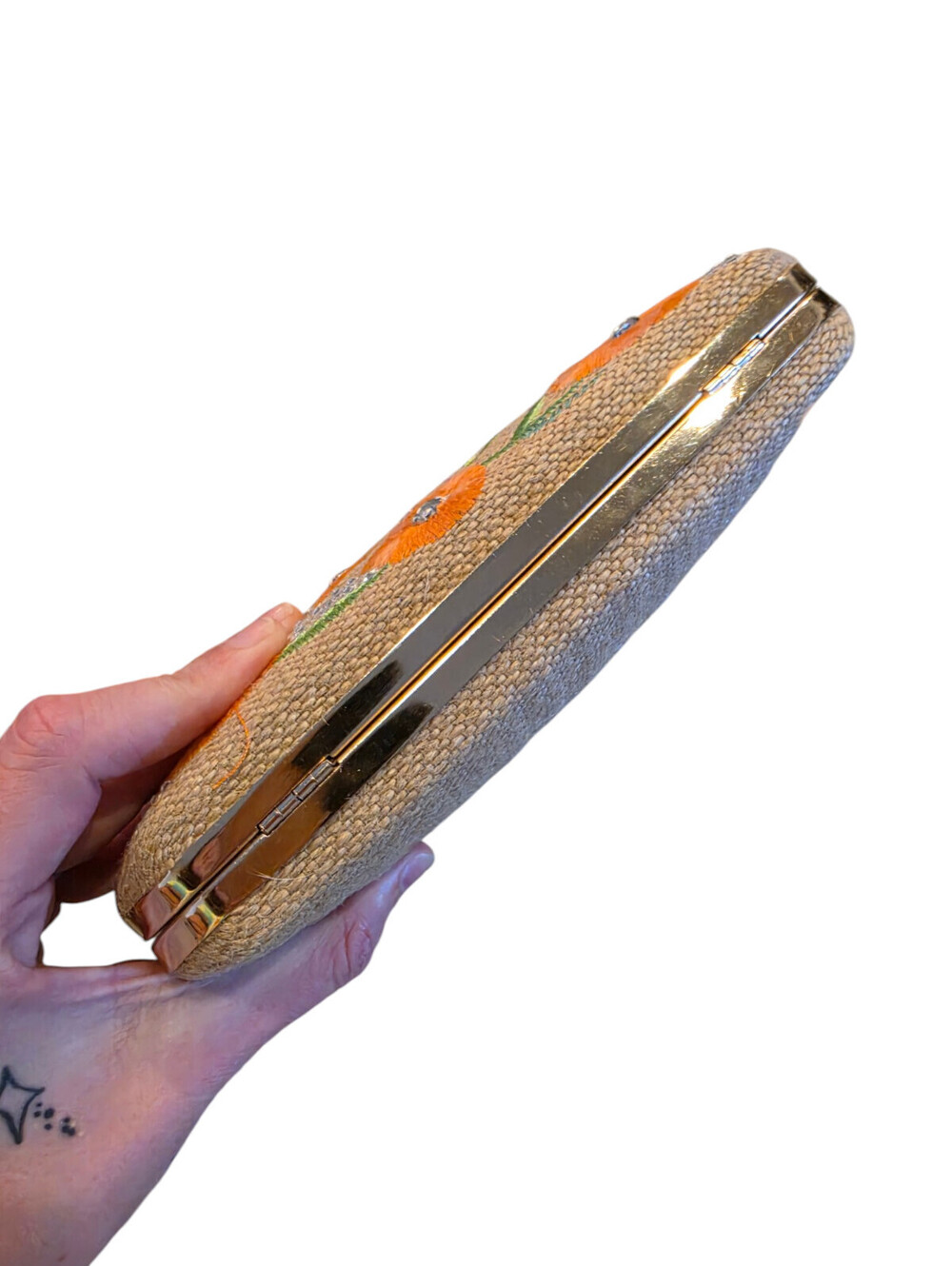 Haute Hippie Clamshell Floral Beaded Jute Handbag Clutch Orange - Picture 4 of 7